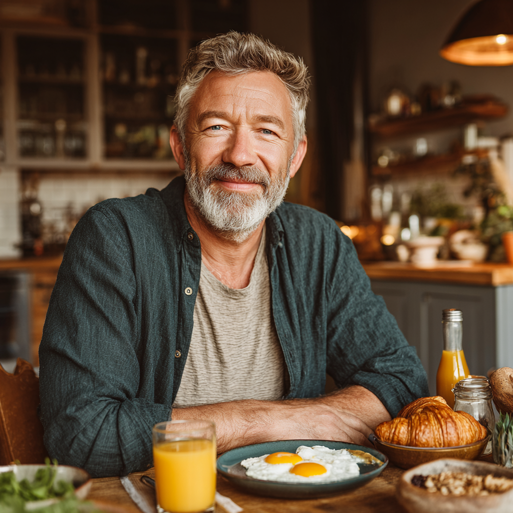 Confident middle-aged man in his 50s enjoying healthy breakfast at home, sitting at table with nutritious meal, looking energetic and satisfied with his wellness routine