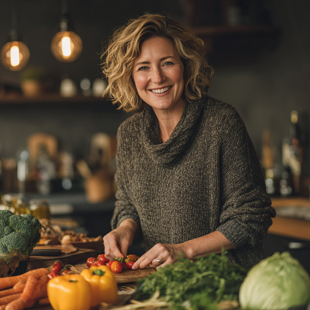 Happy woman in her 40s preparing fresh healthy salad in modern kitchen, smiling while organizing colorful vegetables and greens for nutritious meal planning